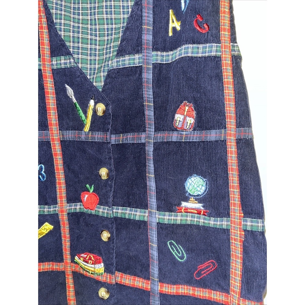 VTG Teacher's Vest Womans Large Navy Blue Plaid Corduroy School Kidcore 80s 90 - Picture 3 of 7